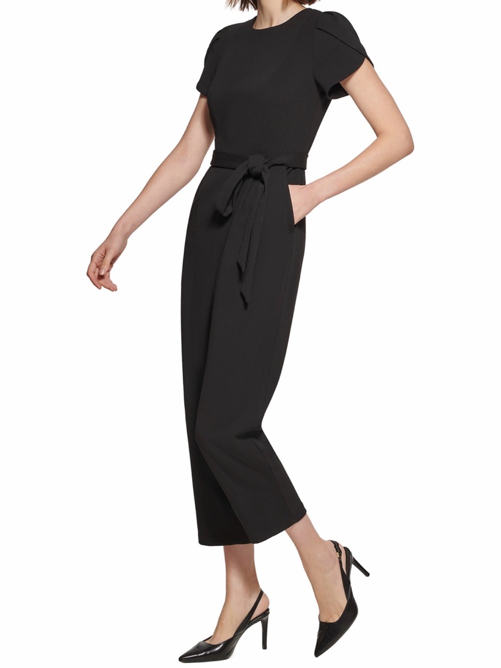 Calvin Klein Black Short-Sleeve Tie-Waist Cropped Jumpsuit